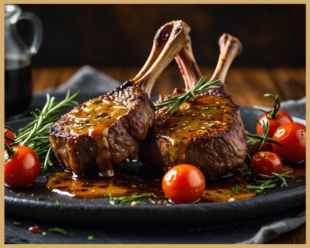 Vista cercana de las chuletas de cordero, jugosas y decoradas con reducción de balsámico.