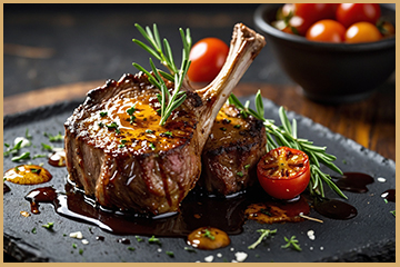 Chuletas de cordero con glaseado de miel y hierbas, servidas con tomates cherry asados.