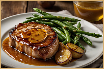 Chuletas de cerdo en salsa de mostaza y miel, servidas con guarnición de verduras.