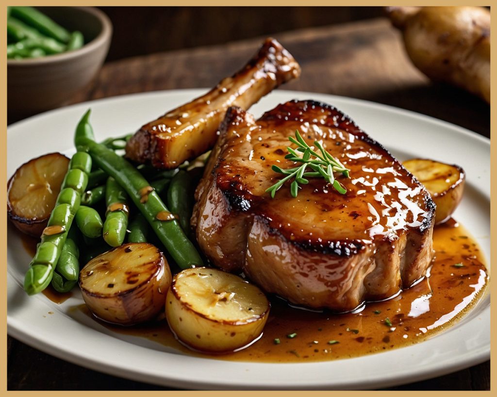 Salsa dorada de mostaza y miel cubriendo chuletas de cerdo jugosas.