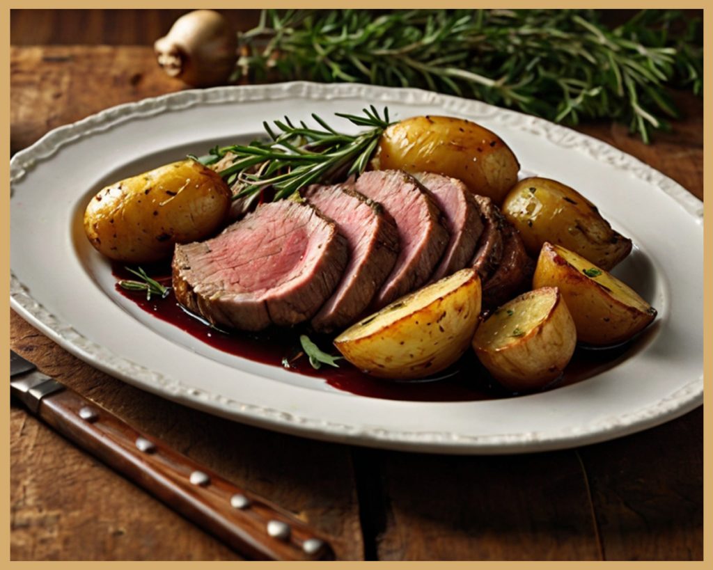 Corte de pierna de cordero jugosa con piel dorada y crujiente, lista para servir.