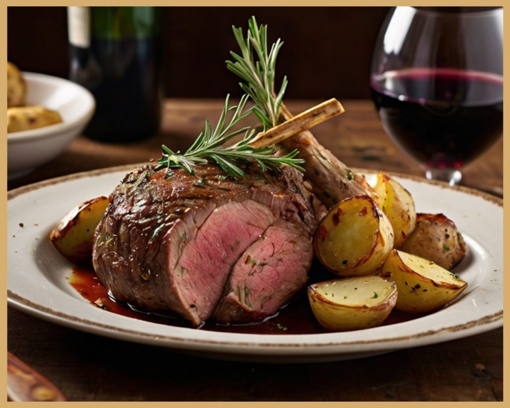Pierna de cordero al horno con hierbas frescas y patatas doradas, servida en una bandeja rústica.