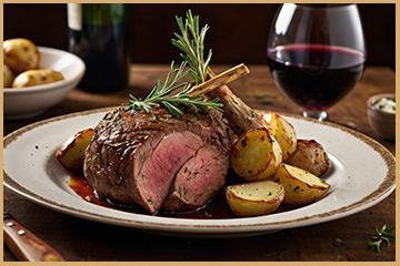 Corte de pierna de cordero jugosa con piel dorada y crujiente, lista para servir.