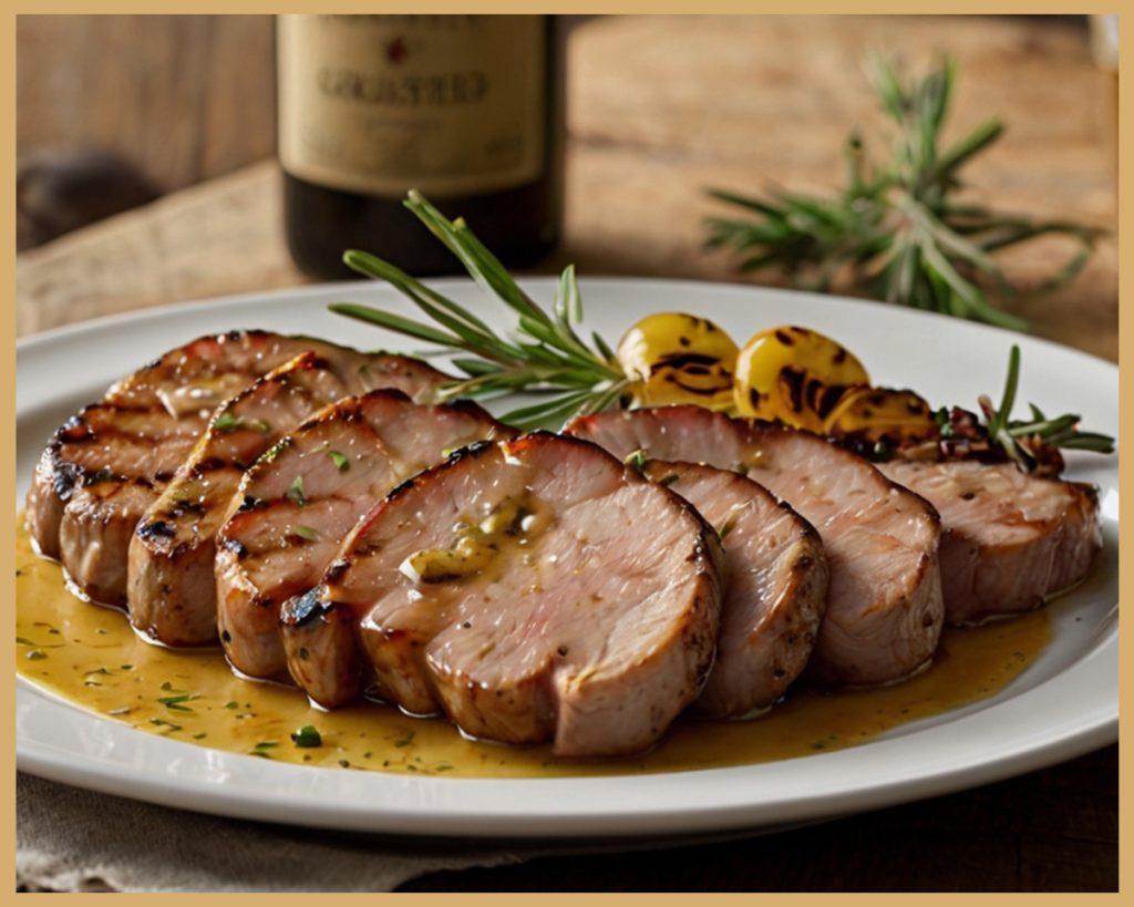 Solomillo de cerdo a la parrilla con marcas de grill, jugoso y perfectamente asado, acompañado de salsa de mostaza y miel.
