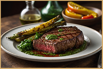Plato de filete de ternera a la plancha acompañado de verduras asadas y una rodaja de limón, con salsa chimichurri por encima.
