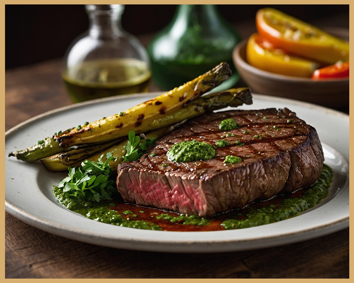 Receta de salsa chimichurri casera con perejil, ajo, vinagre y aceite de oliva en un bol de cerámica.