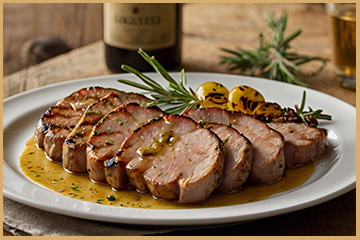 Solomillo de cerdo a la parrilla con marcas de grill, jugoso y perfectamente asado, acompañado de salsa de mostaza y miel.