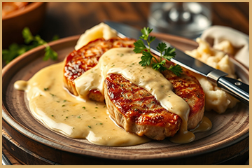 Plato de chuletas de cerdo con salsa de mostaza, acompañado de puré de patatas y decorado con perejil fresco.