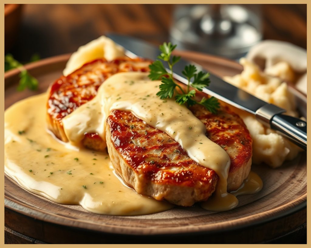 Chuletas de cerdo doradas con salsa de mostaza y miel servidas en un plato con puré de patatas cremoso.