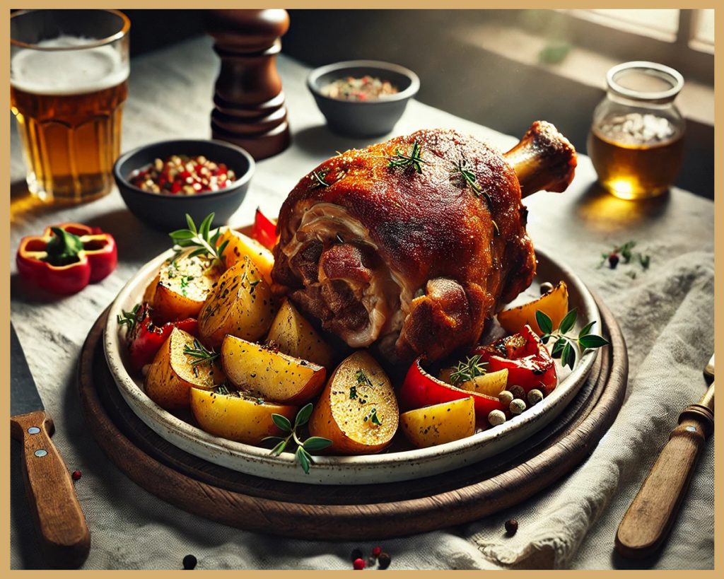 Codillo de cerdo asado, cortado para mostrar su carne jugosa, acompañado de patatas al horno.