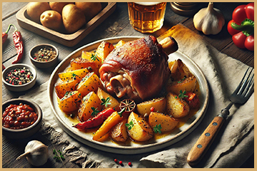 Codillo de cerdo asado, cortado para mostrar su carne jugosa, acompañado de patatas al horno.