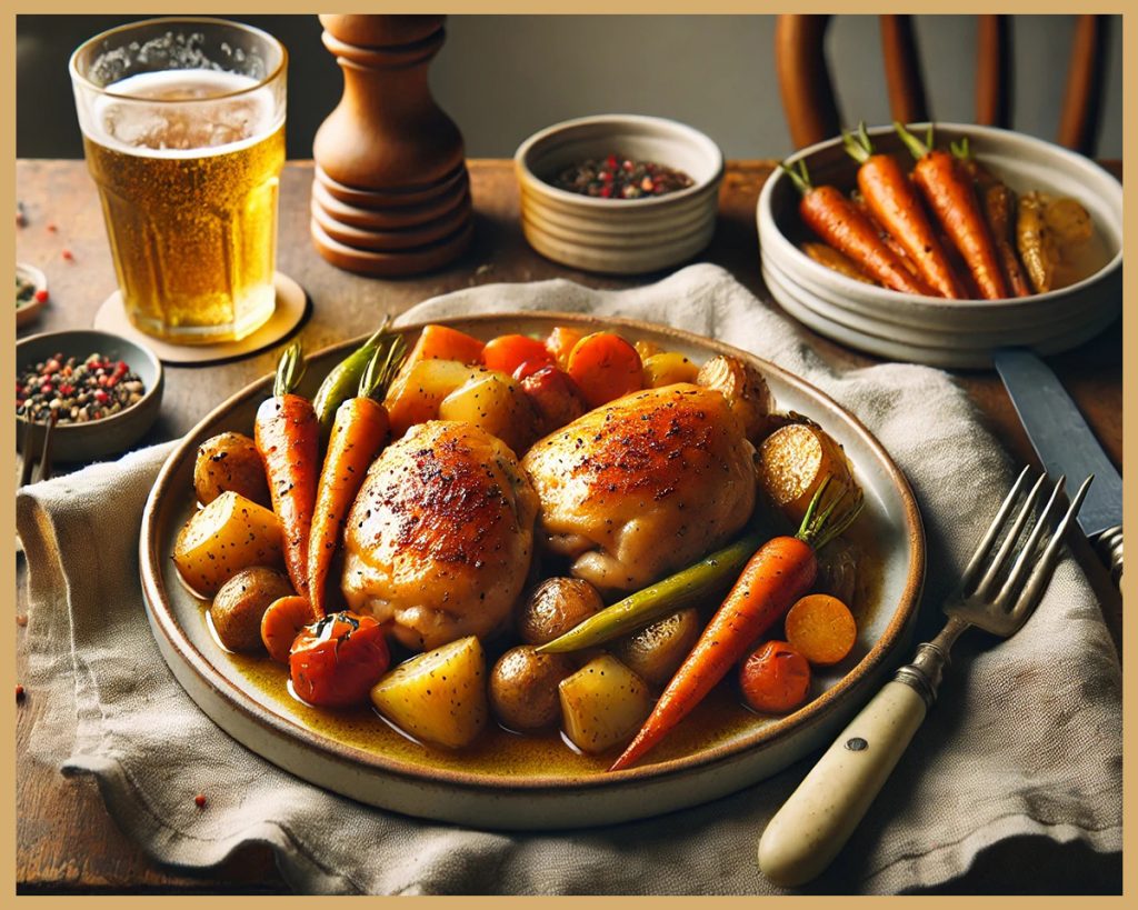 Detalle de muslos de pollo cocinados en cerveza con guarnición de patatas al horno.