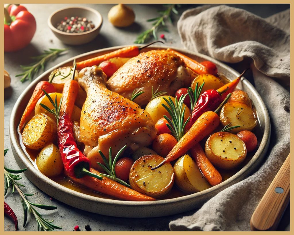 Pollo dorado a la cerveza acompañado de verduras asadas en plato casero