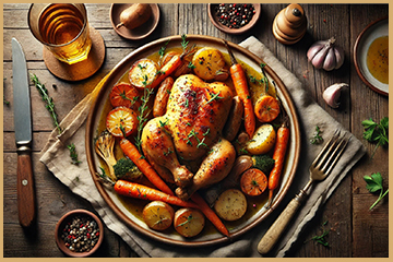 Vista general de un pollo a la cerveza con ingredientes naturales y presentación casera.