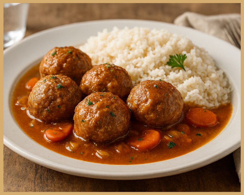 Vista cercana de albóndigas jugosas en salsa marrón con zanahoria y cebolla.