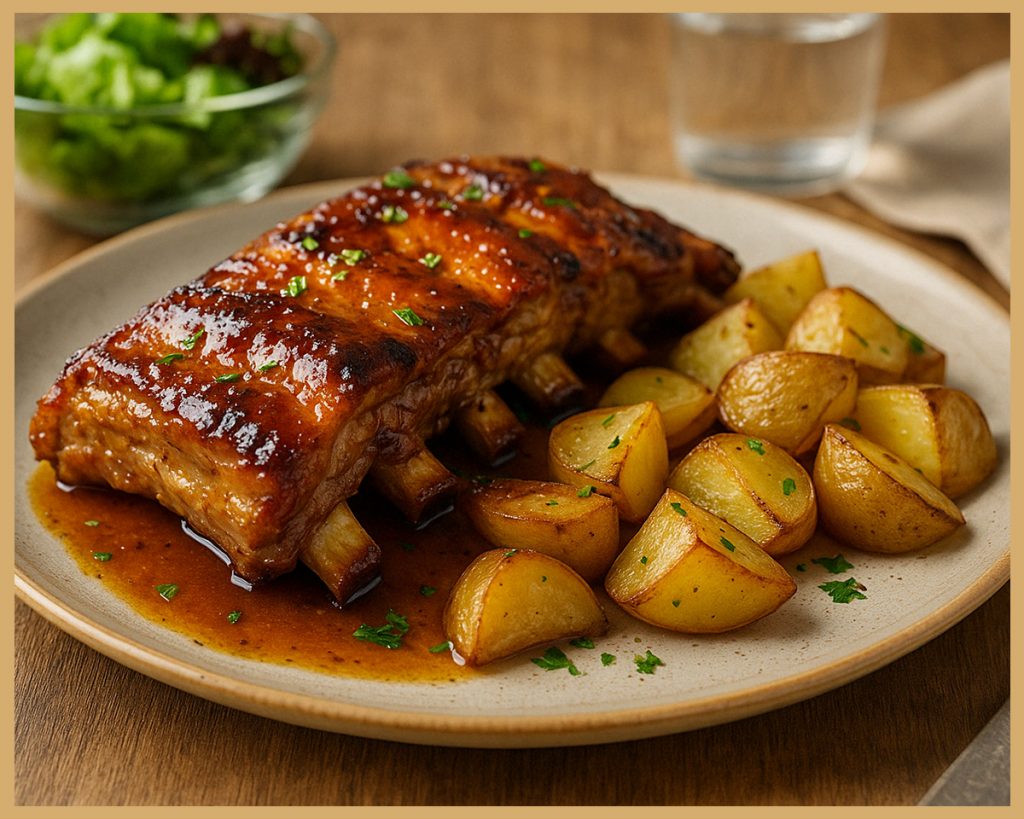 Costillas de cerdo asadas con guarnición de patatas en mesa de cocina tradicional.