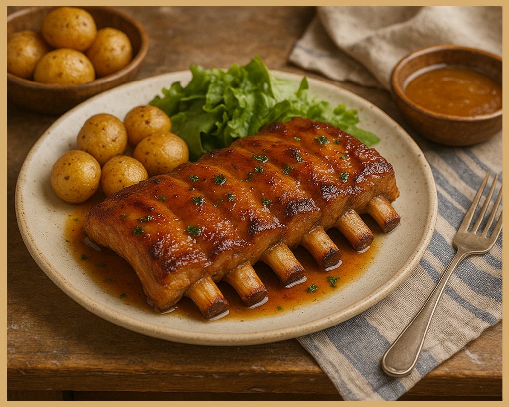 Costillas de cerdo al horno con glaseado de miel y mostaza servidas en plato casero