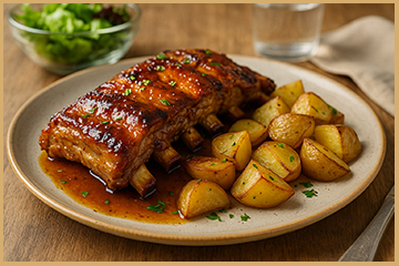 Costillas de cerdo al horno con glaseado de miel y mostaza servidas en plato casero.