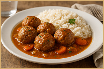 Albóndigas caseras en salsa española con arroz blanco servido en plato rústico.