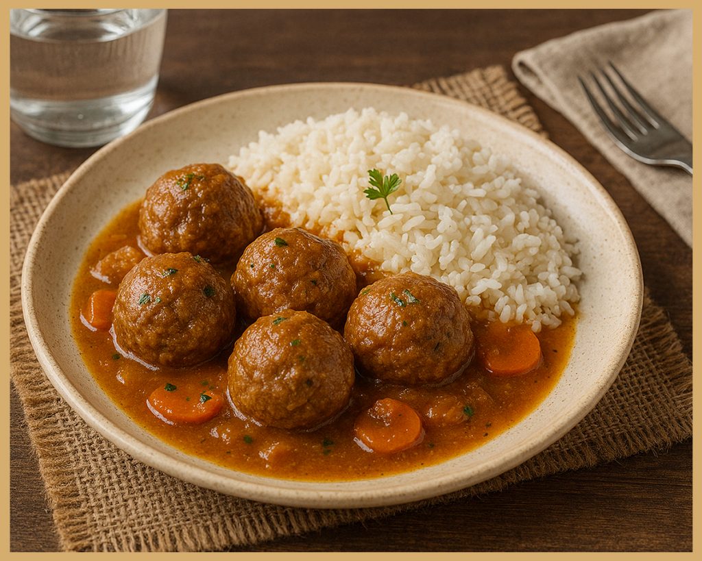 Albóndigas con arroz blanco servidas en mesa casera con ambiente cálido.