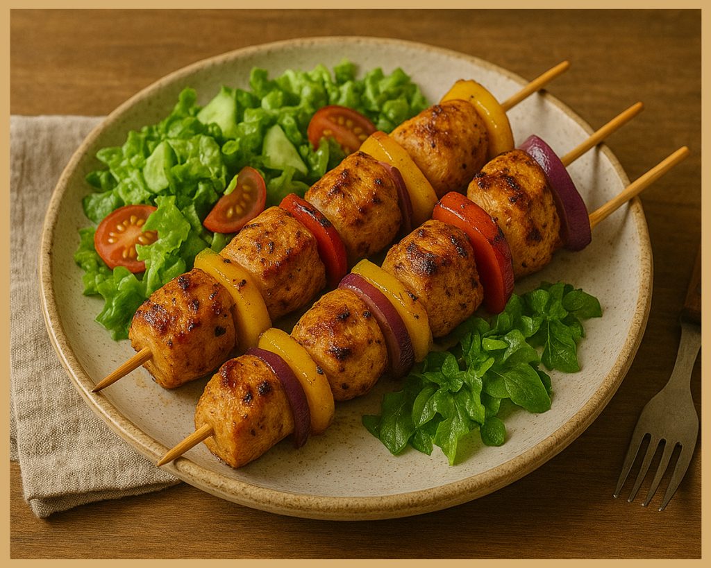 Brochetas de pollo marinadas con verduras servidas en plato casero estilo mediterráneo
