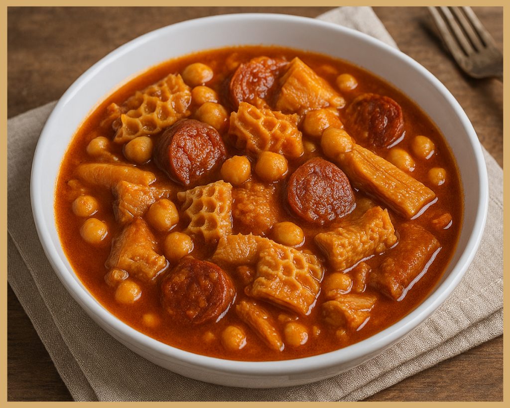  Presentación final de callos con chorizo y morcilla en mesa de cocina española.