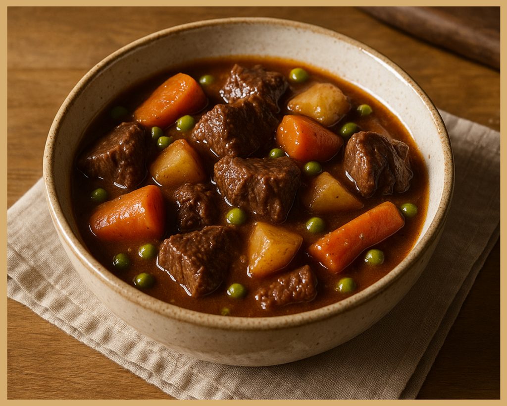Estofado de ternera con patatas, zanahorias y vino servido en plato rústico.