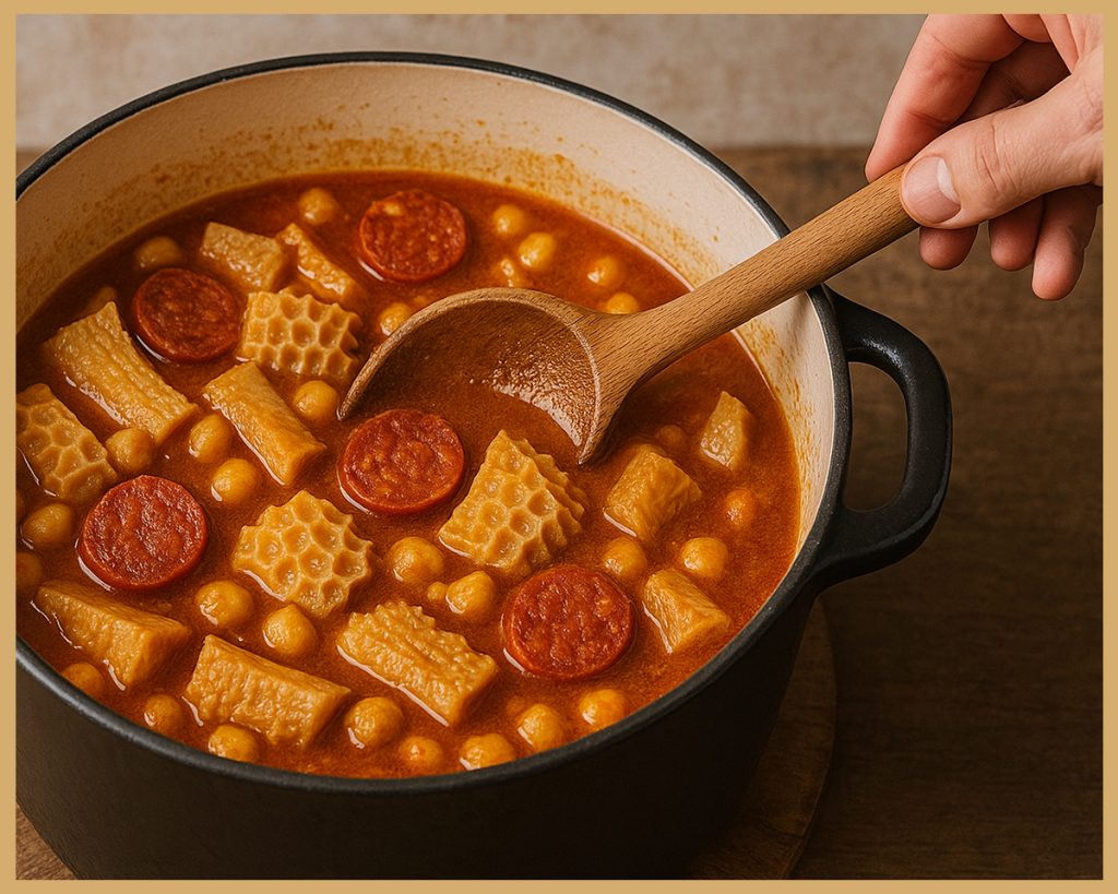 Proceso de cocción de callos con embutidos y sofrito casero.