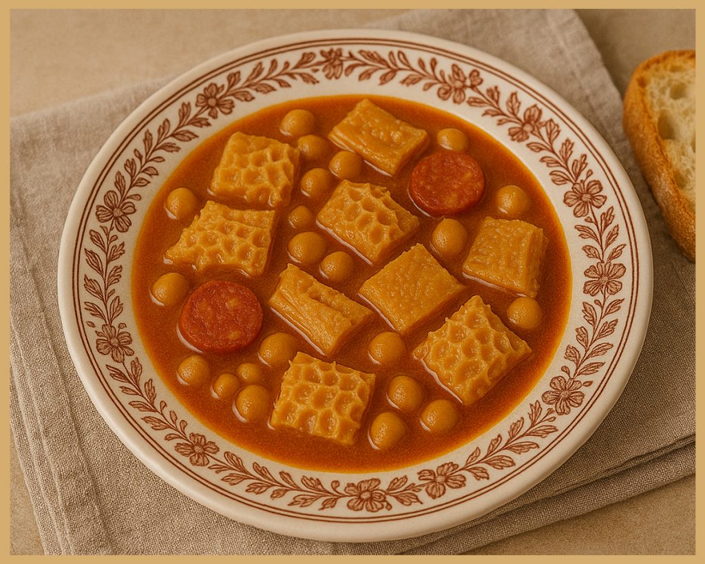 Presentación final de callos con chorizo y morcilla en mesa de cocina española