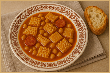 Presentación final de callos con chorizo y morcilla en mesa de cocina española.