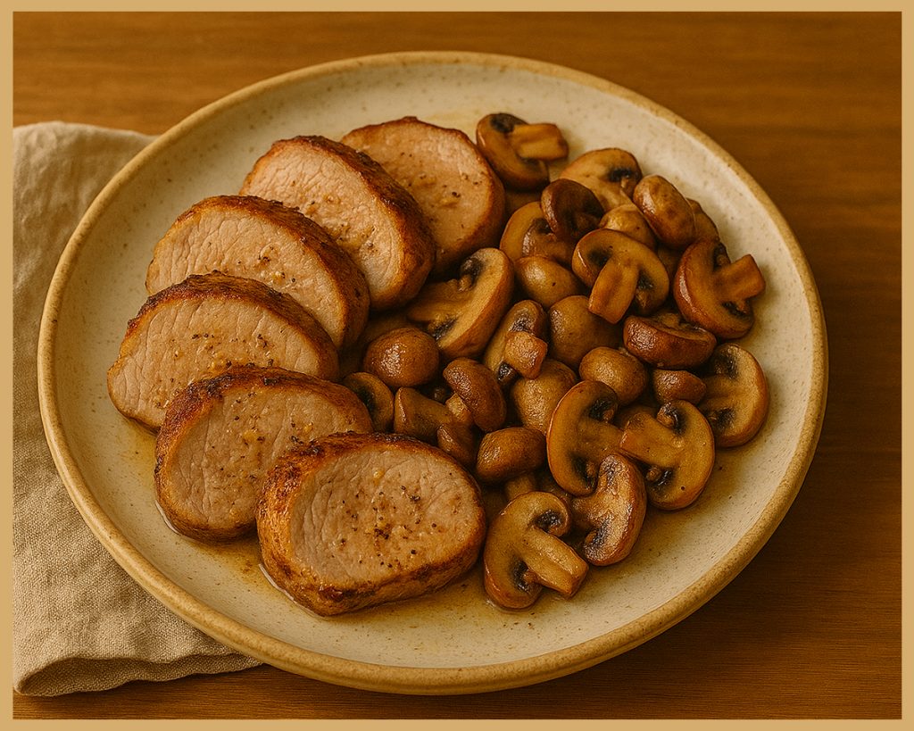 Presentación casera de solomillo al ajillo con perejil fresco