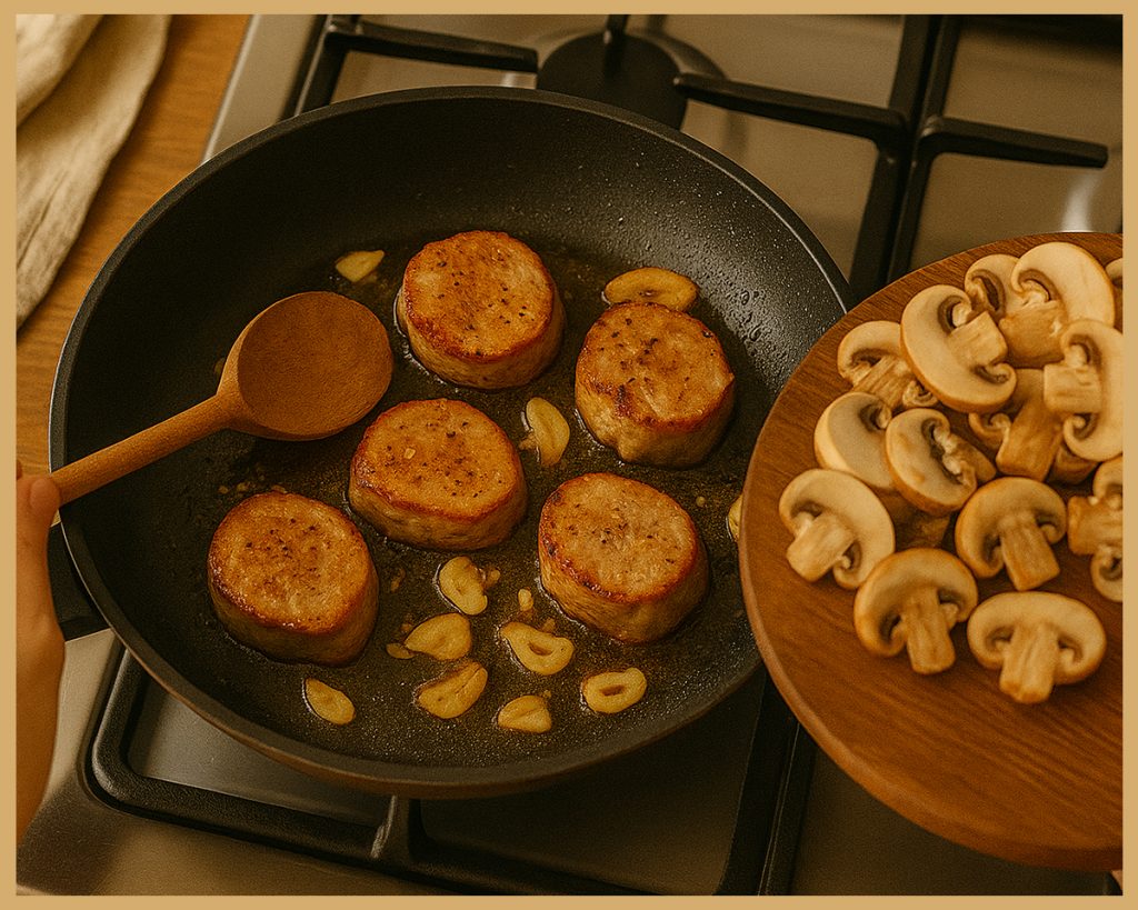 Medallones de solomillo con ajos en sartén junto a champiñones