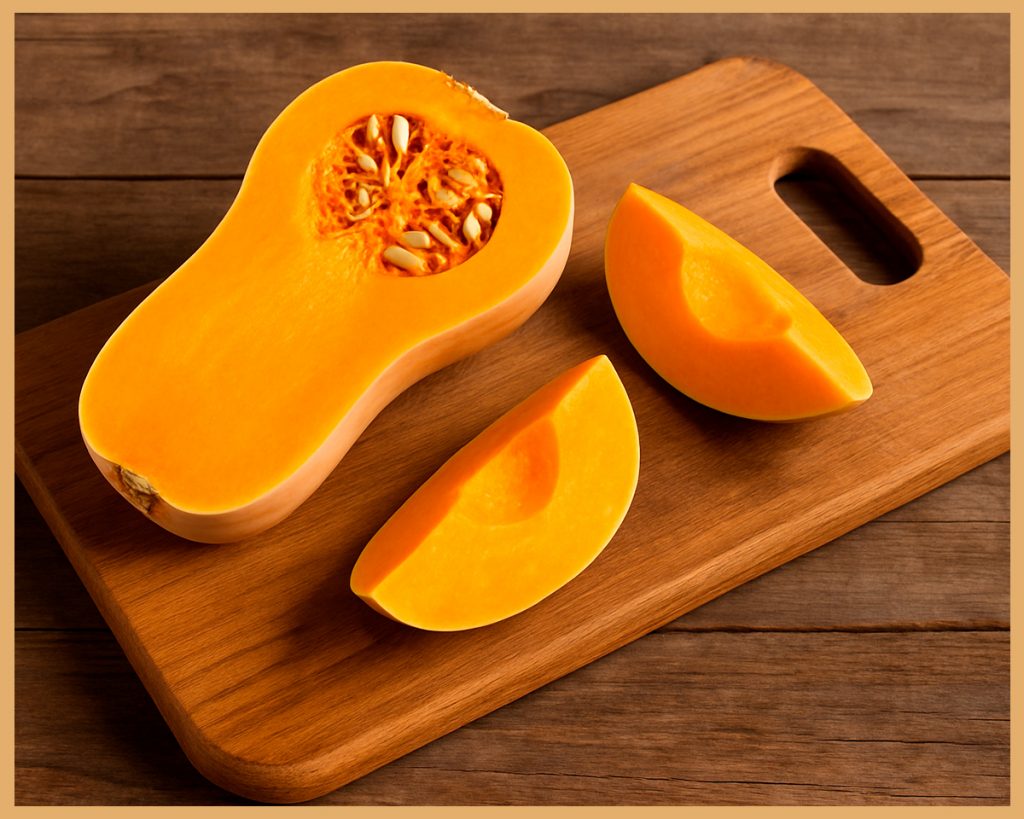 calabaza partida sobre tabla de madera lista para la receta de morcilla artesanal