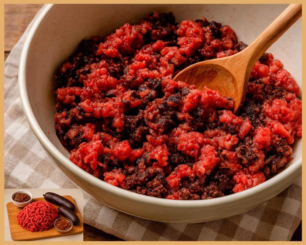 masa de carne de ternera mezclada con morcilla para hamburguesas caseras