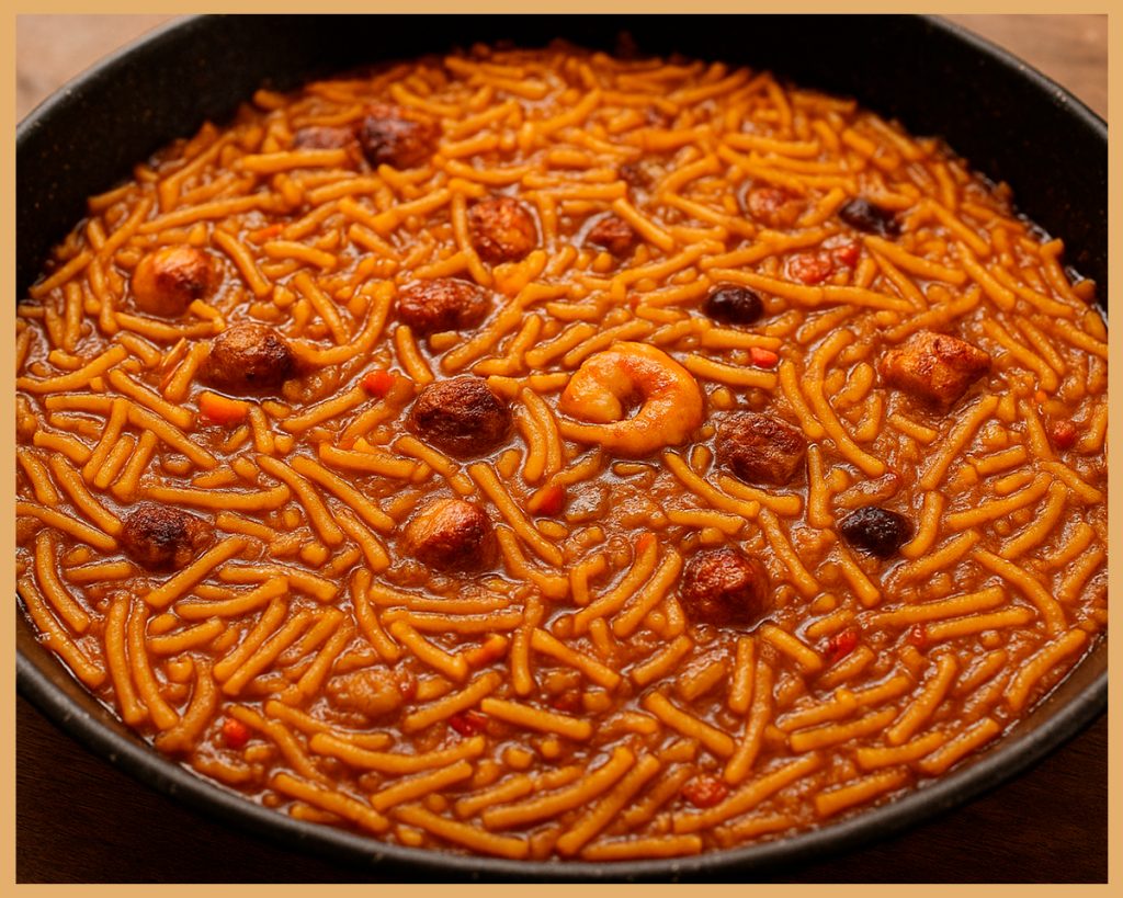 fideuá de embutidos Gombao recién cocida con caldo y aroma tradicional