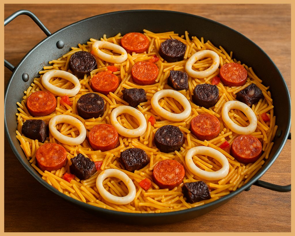 fideuá cruda con embutidos Gombao y calamares en paella lista para cocinar
