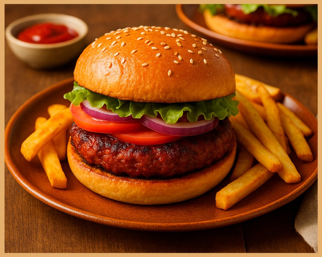 hamburguesa de morcilla y ternera con cebolla caramelizada en pan rústico