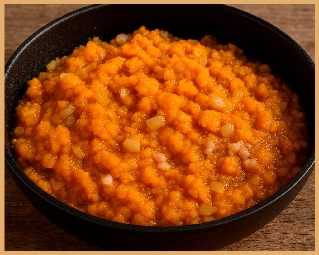 mezcla de puré de calabaza con cebolla y grasa de cerdo cocida en sartén negra de hierro