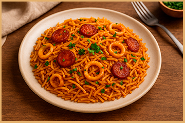 plato de fideuá de embutidos en bowl rústico con perejil