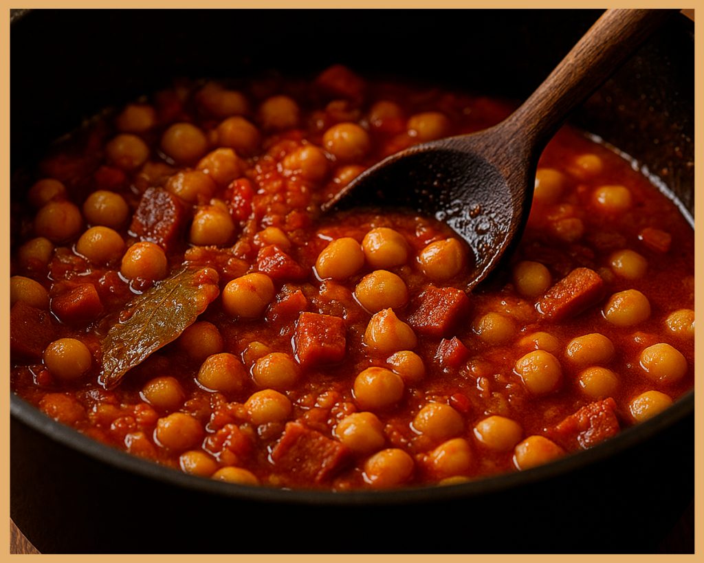 garbanzos-cocidos-con-sofrito-de-cebolla,-ajo-y-tomate-cocinándose