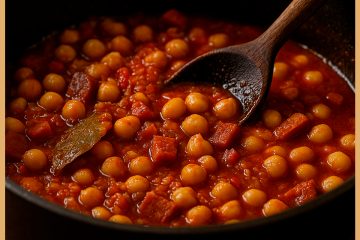 garbanzos-cocidos-con-sofrito-de-cebolla,-ajo-y-tomate-cocinándose
