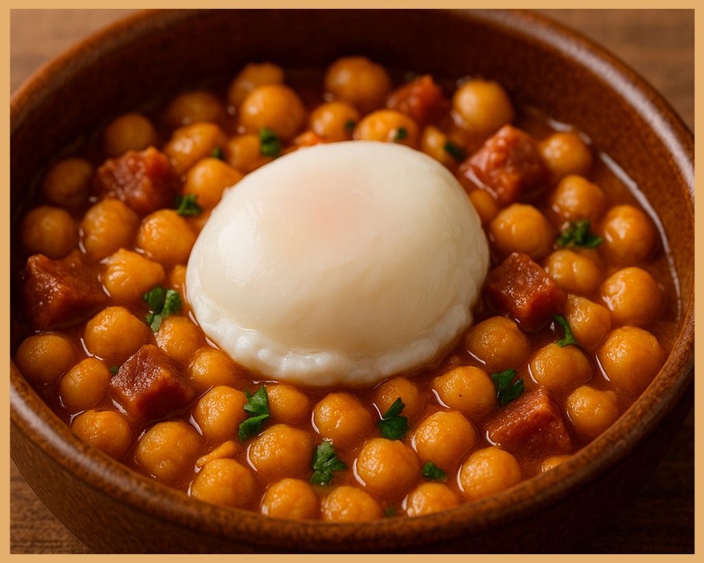 plato-rústico-con-garbanzos,-panceta-y-huevo-poché-coronando-el-centro