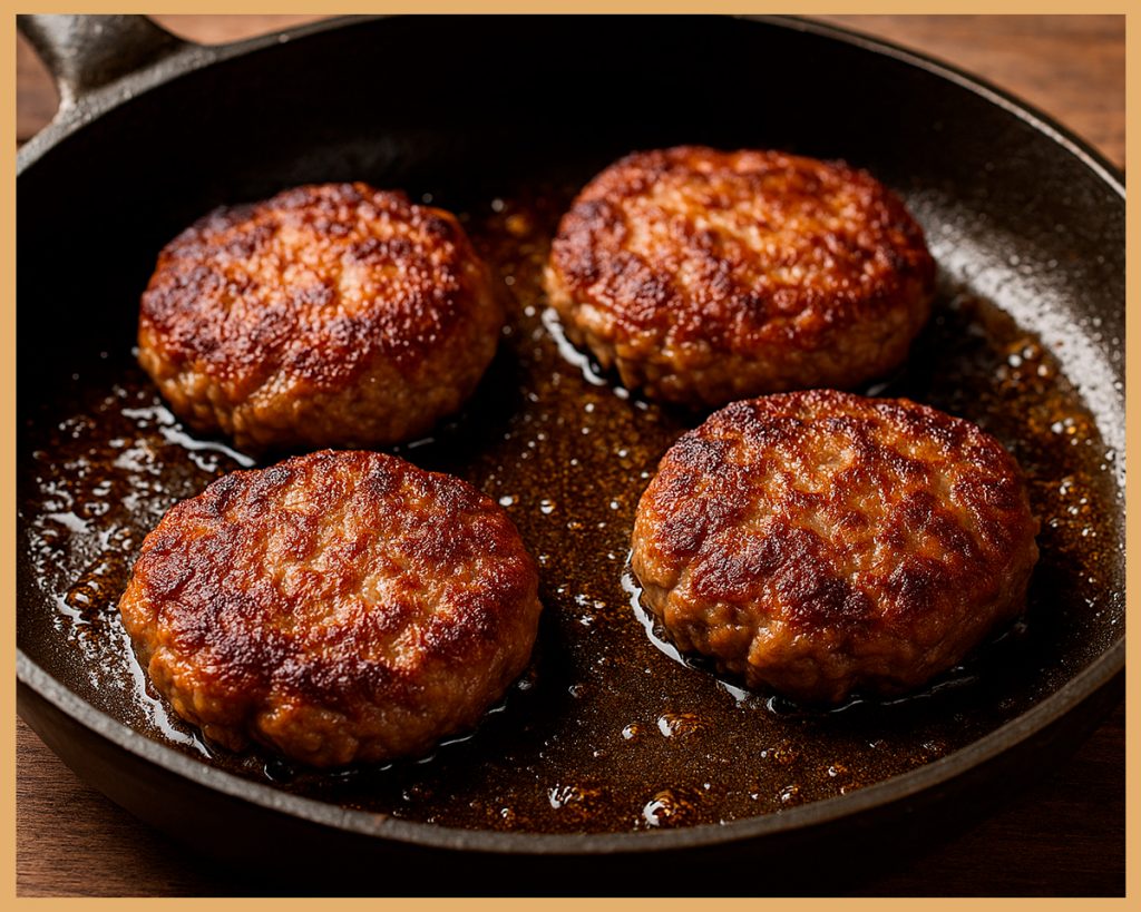 filetes rusos de ternera y chorizo dorándose en sartén de hierro