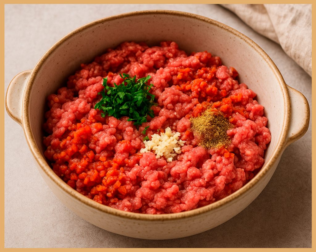 mezcla de carne picada y chorizo Gombao con perejil y especias en bol