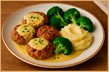 plato servido con filetes rusos de carne y chorizo bañados en salsa de mostaza