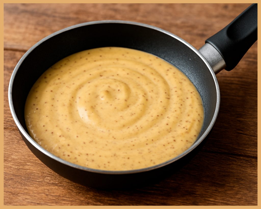 salsa de mostaza cremosa cociéndose con nata en sartén pequeña