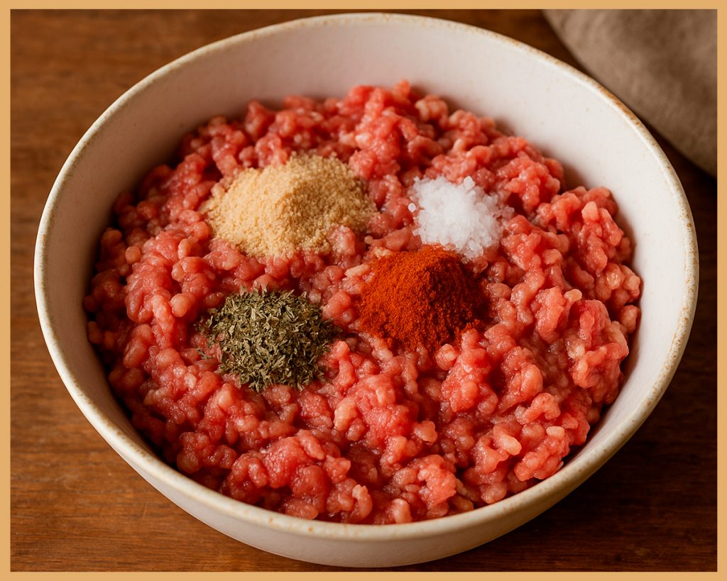 mezcla de carne de cerdo y ternera con especias en un bol