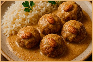 albóndigas de cerdo y ternera con salsa de almendras y arroz blanco