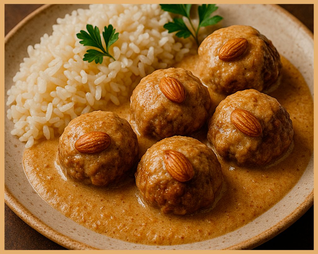 albóndigas de cerdo y ternera con salsa de almendras y arroz blanco