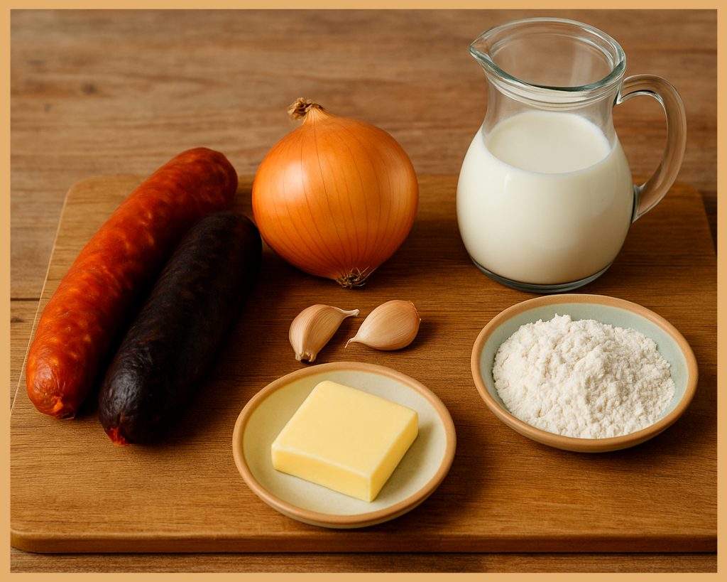 Ingredientes frescos para croquetas: chorizo, morcilla, cebolla, ajo y leche sobre encimera de cocina